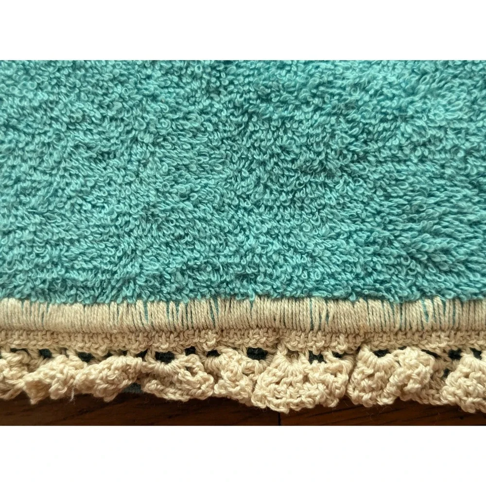 Vtg Bath Towel 3pc Set Crochet Trim Edge Butterfly Turquoise Green-Blue w/Ivory